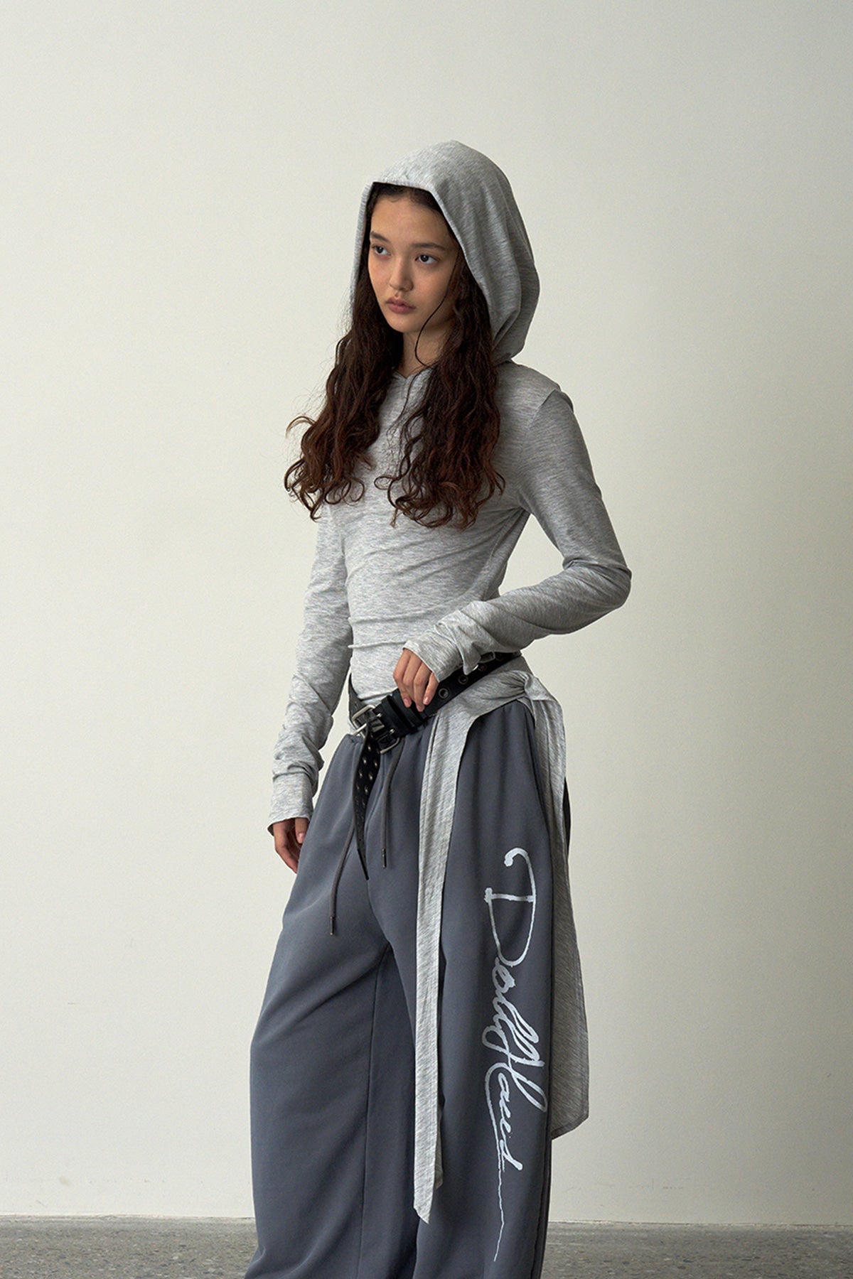 Ruched Hooded Top-Gray