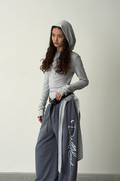 Ruched Hooded Top-Gray