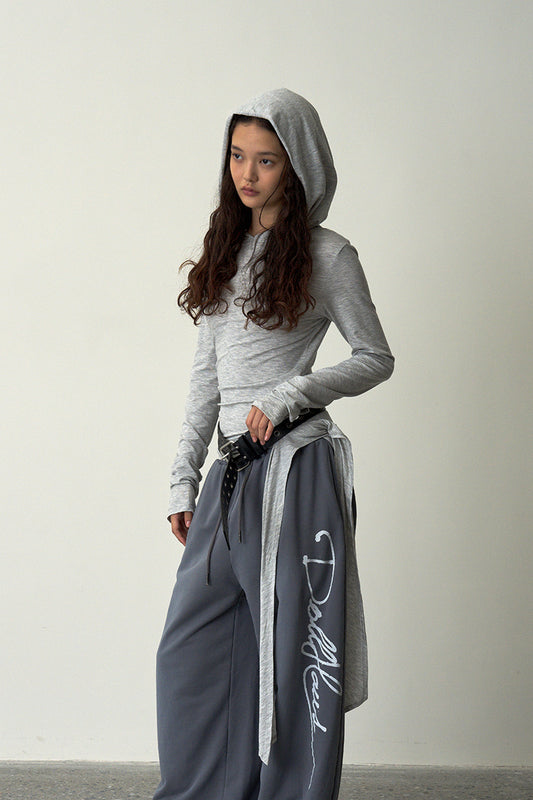 Ruched Hooded Top-Gray