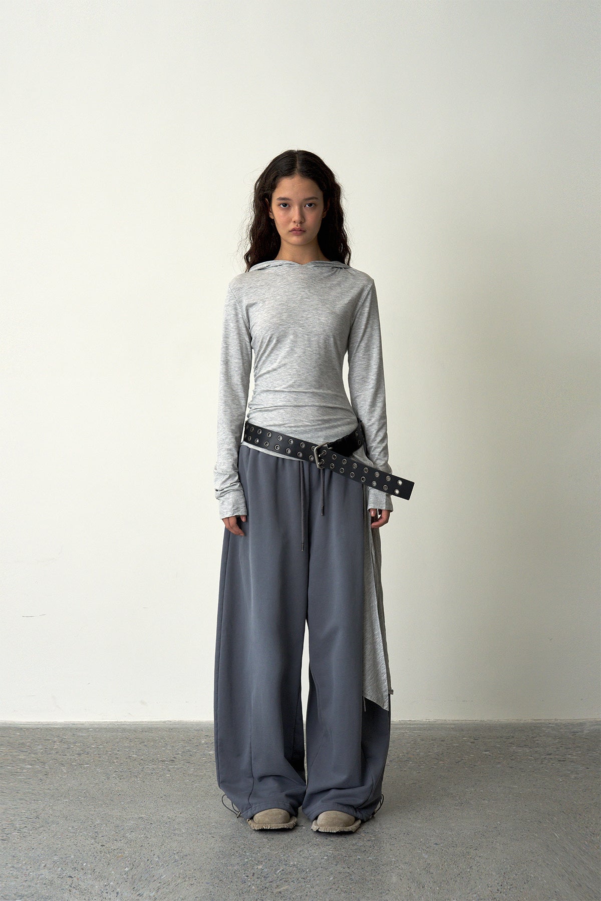 Ruched Hooded Top-Gray