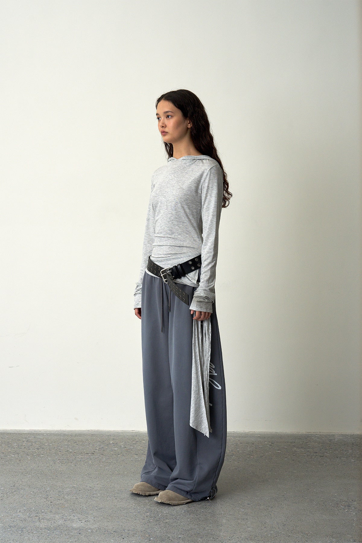 Ruched Hooded Top-Gray