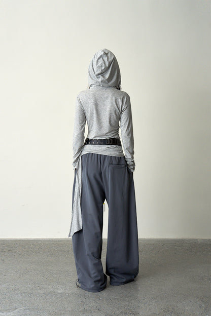 Ruched Hooded Top-Gray