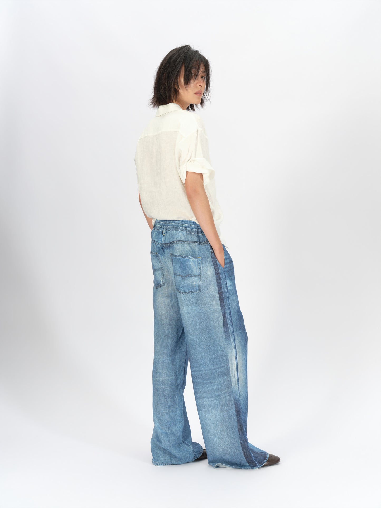 Denim-Print Linen Trousers