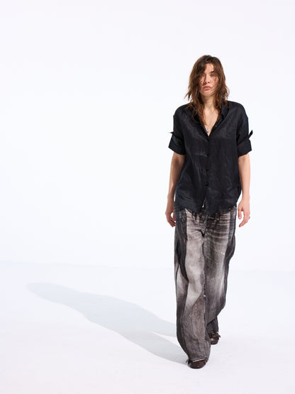 Denim-Print Linen Trousers