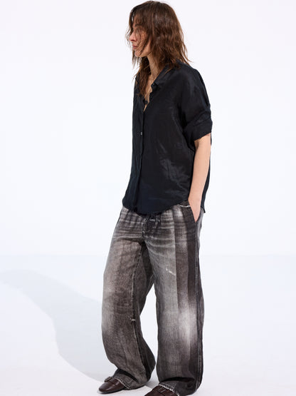 Denim-Print Linen Trousers