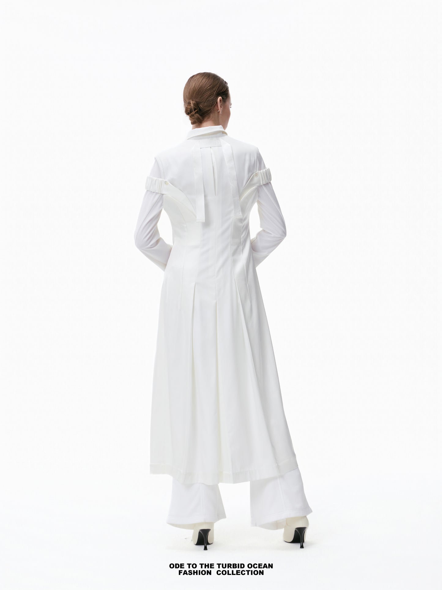 Luxury Pure White Wool Irregular Pleated Shirt Dress