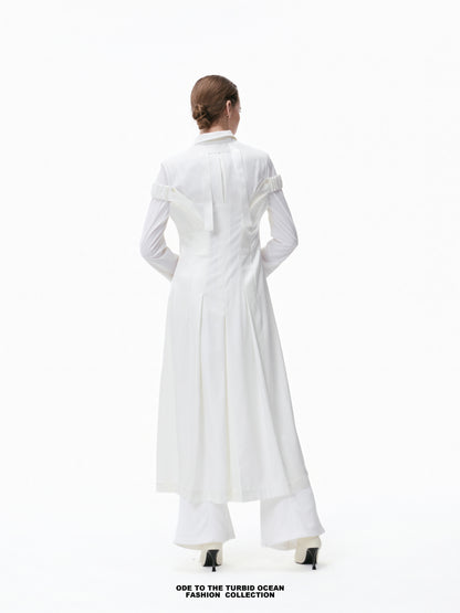 Luxury Pure White Wool Irregular Pleated Shirt Dress