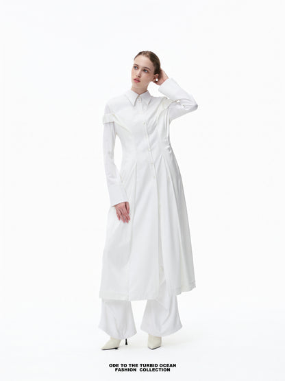 Luxury Pure White Wool Irregular Pleated Shirt Dress