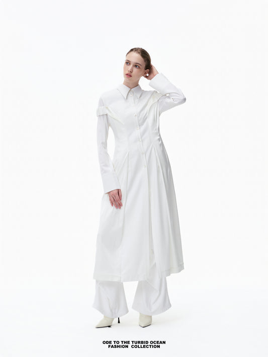 Luxury Pure White Wool Irregular Pleated Shirt Dress