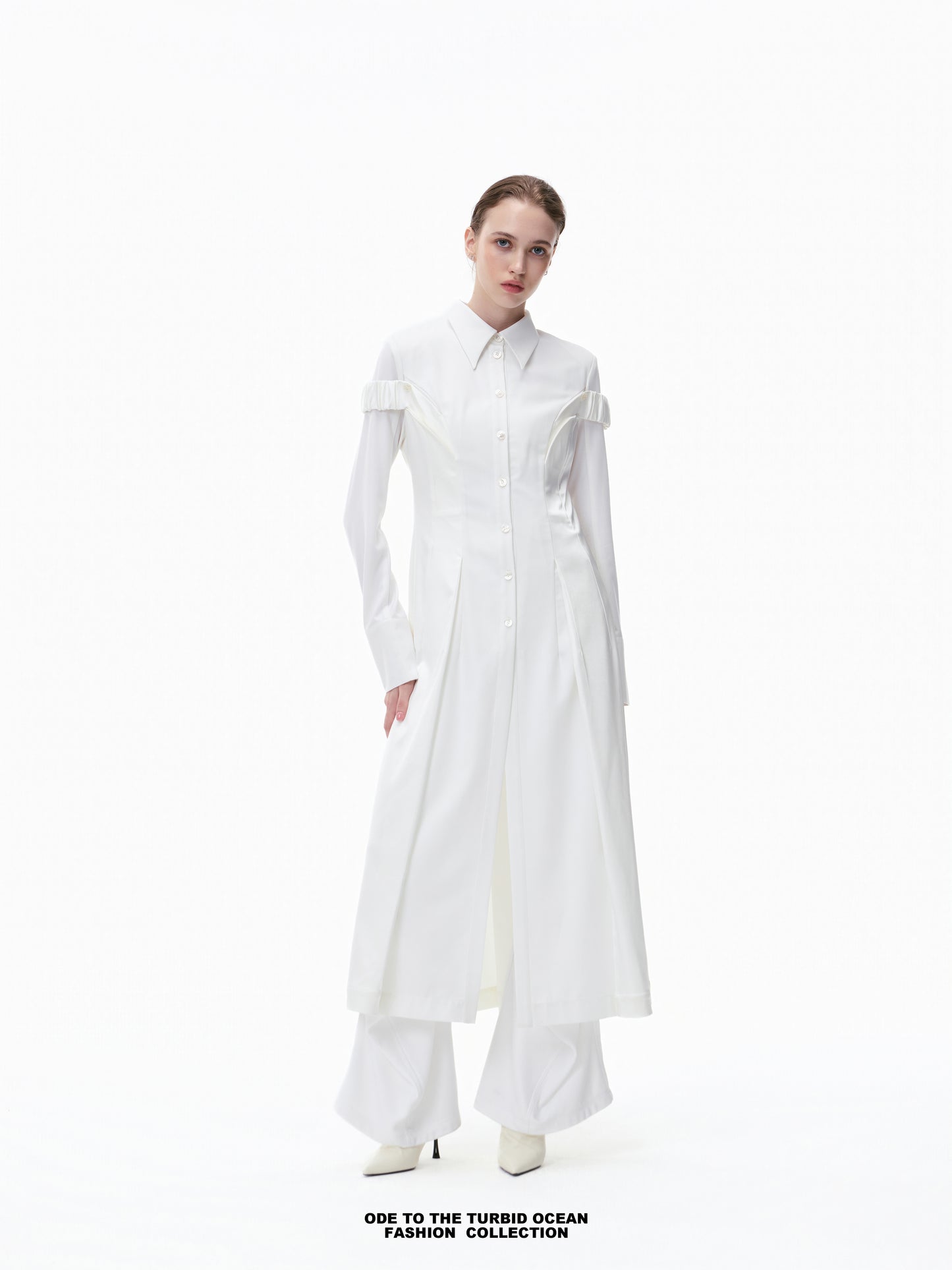 Luxury Pure White Wool Irregular Pleated Shirt Dress
