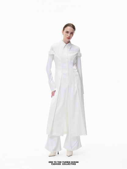 Luxury Pure White Wool Irregular Pleated Shirt Dress