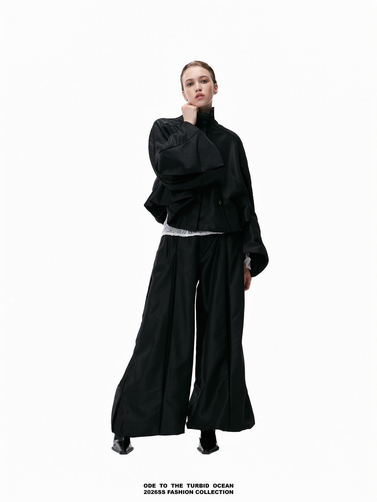 ODE TO THE TURBID OCEAN Cotton & Acetate Satin Pleated Spliced Wide-Leg Pants with Full Lining
