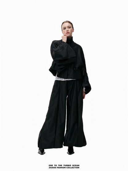 ODE TO THE TURBID OCEAN Cotton & Acetate Satin Pleated Spliced Wide-Leg Pants with Full Lining