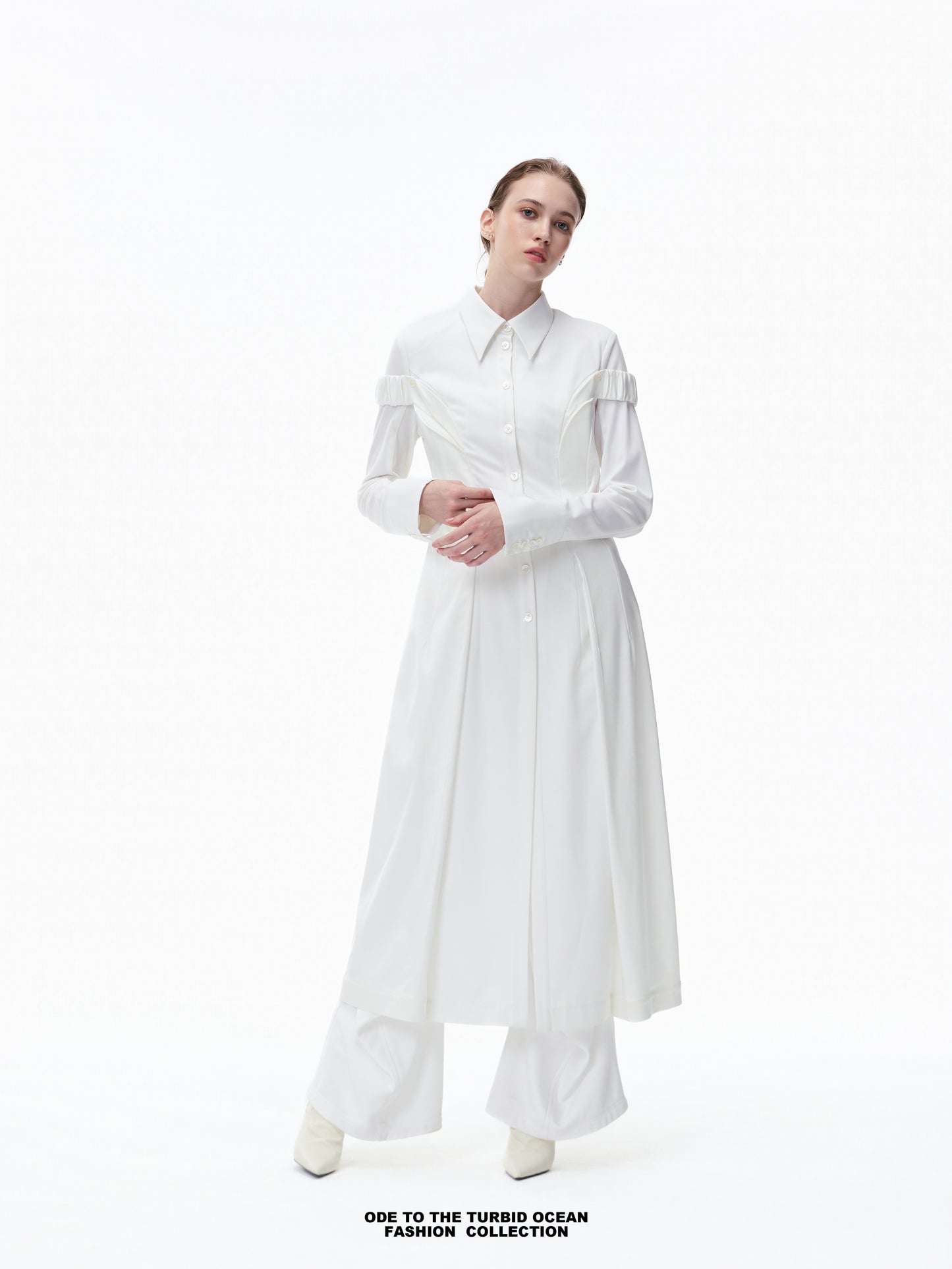 Luxury Pure White Wool Irregular Pleated Shirt Dress