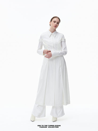 Luxury Pure White Wool Irregular Pleated Shirt Dress