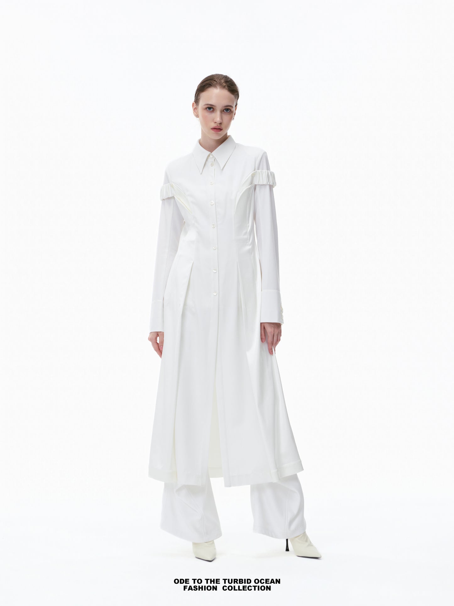 Luxury Pure White Wool Irregular Pleated Shirt Dress
