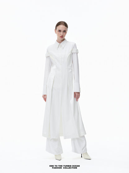 Luxury Pure White Wool Irregular Pleated Shirt Dress