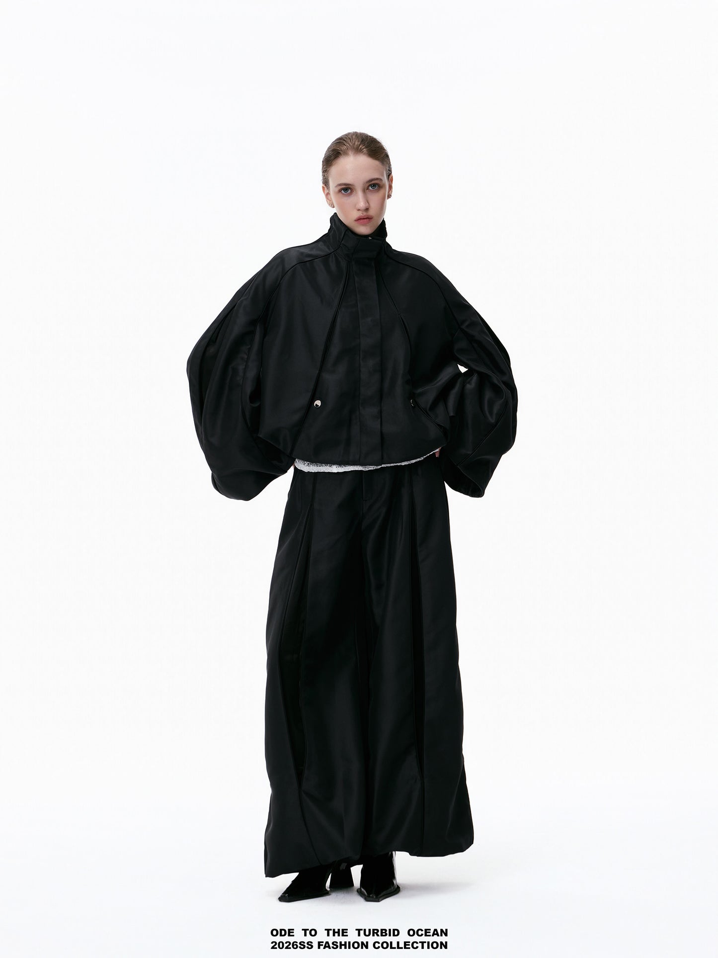 ODE TO THE TURBID OCEAN Cotton & Acetate Satin Pleated Spliced Wide-Leg Pants with Full Lining