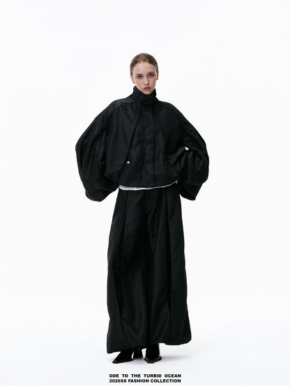 ODE TO THE TURBID OCEAN Cotton & Acetate Satin Pleated Spliced Wide-Leg Pants with Full Lining