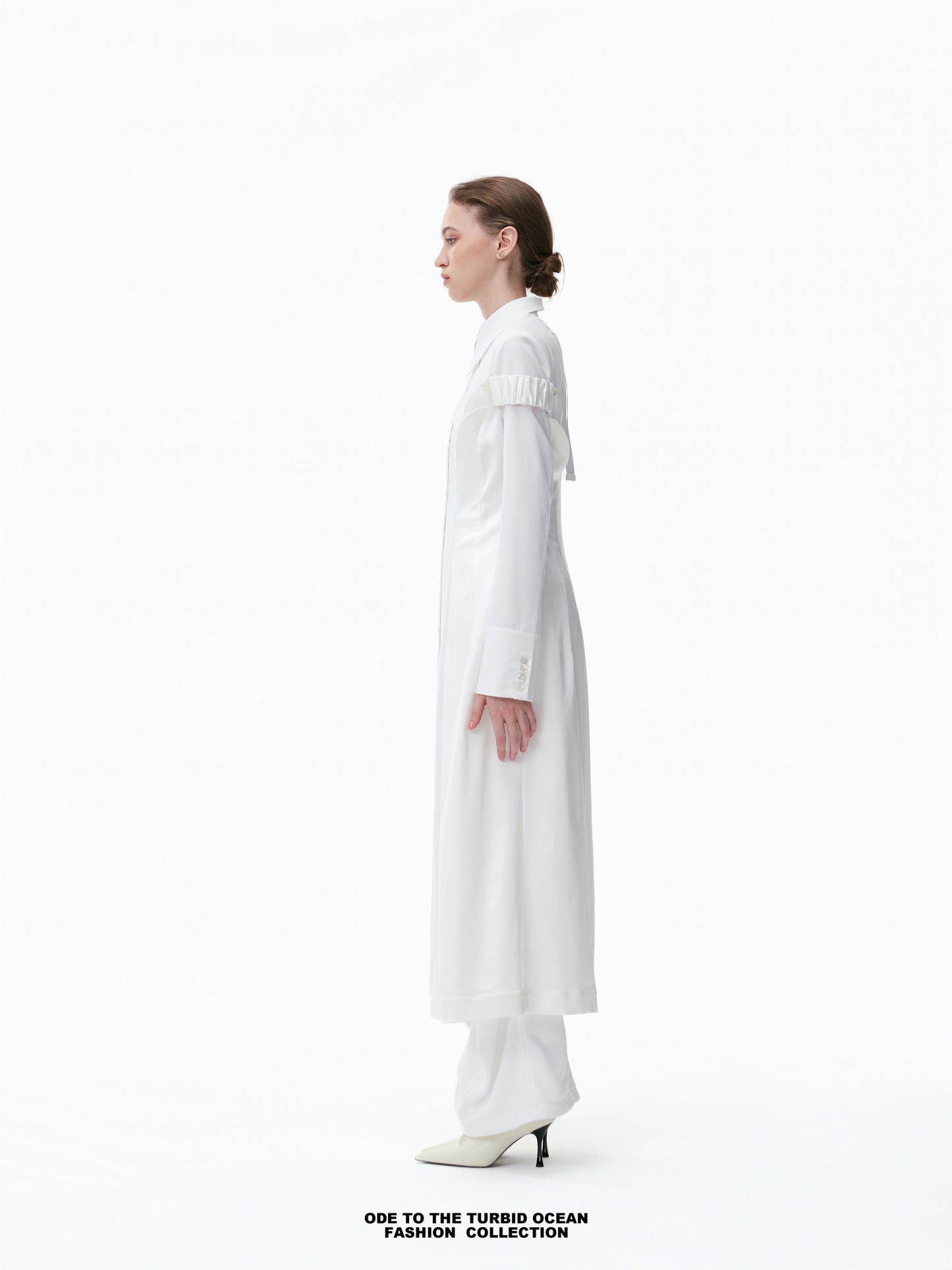 Luxury Pure White Wool Irregular Pleated Shirt Dress