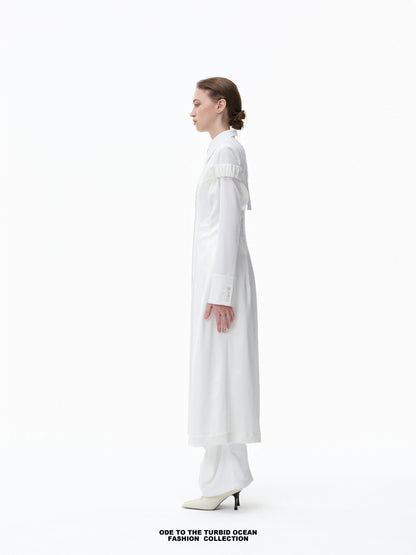 Luxury Pure White Wool Irregular Pleated Shirt Dress