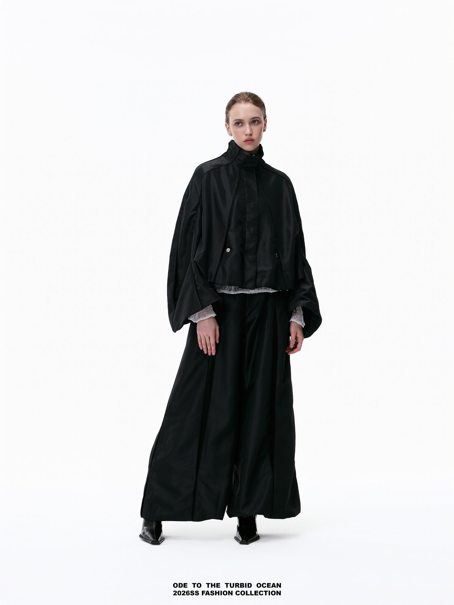 ODE TO THE TURBID OCEAN Cotton & Acetate Satin Pleated Spliced Wide-Leg Pants with Full Lining