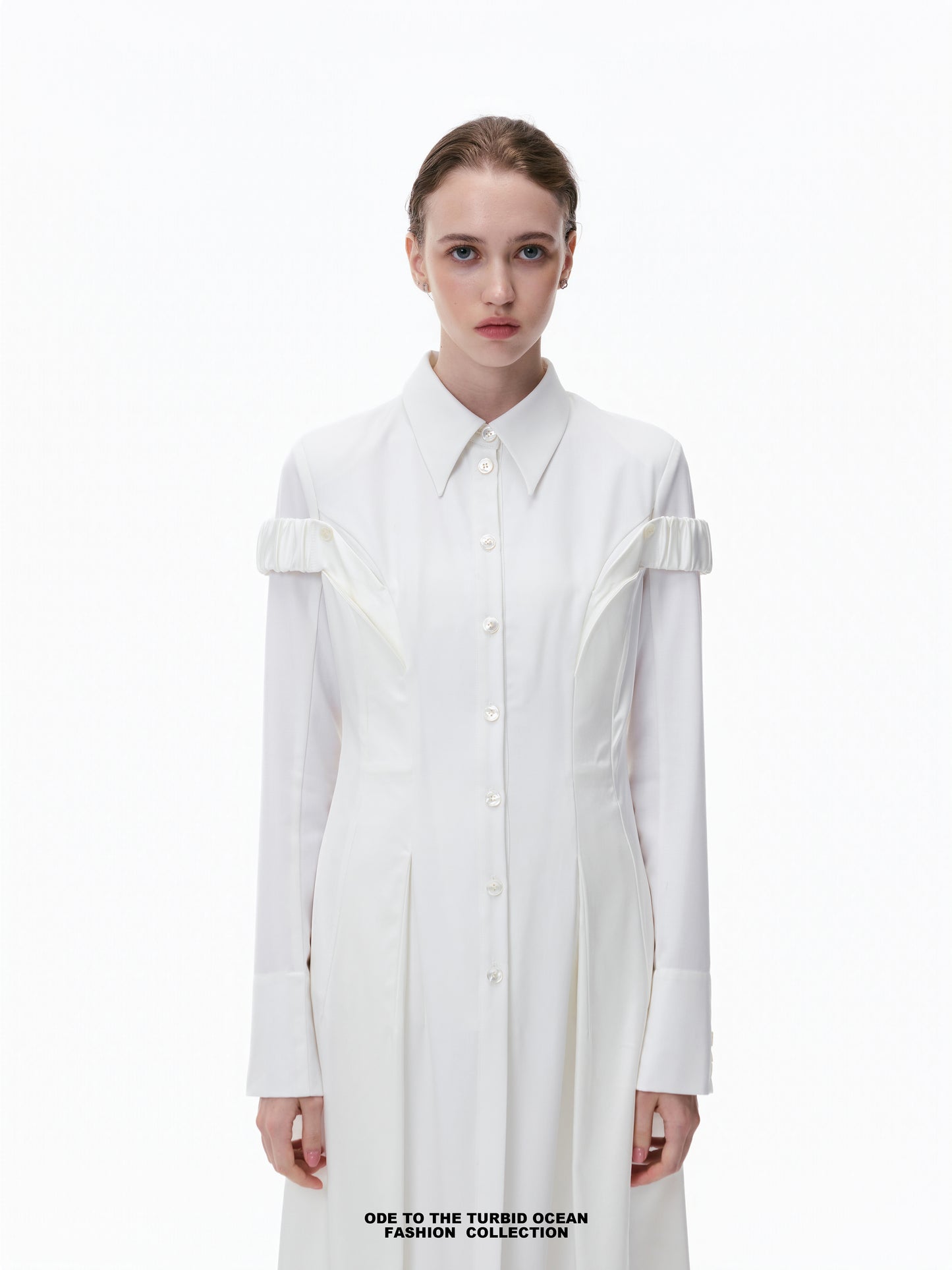 Luxury Pure White Wool Irregular Pleated Shirt Dress
