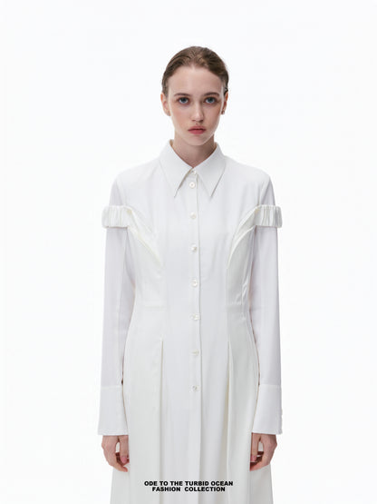 Luxury Pure White Wool Irregular Pleated Shirt Dress