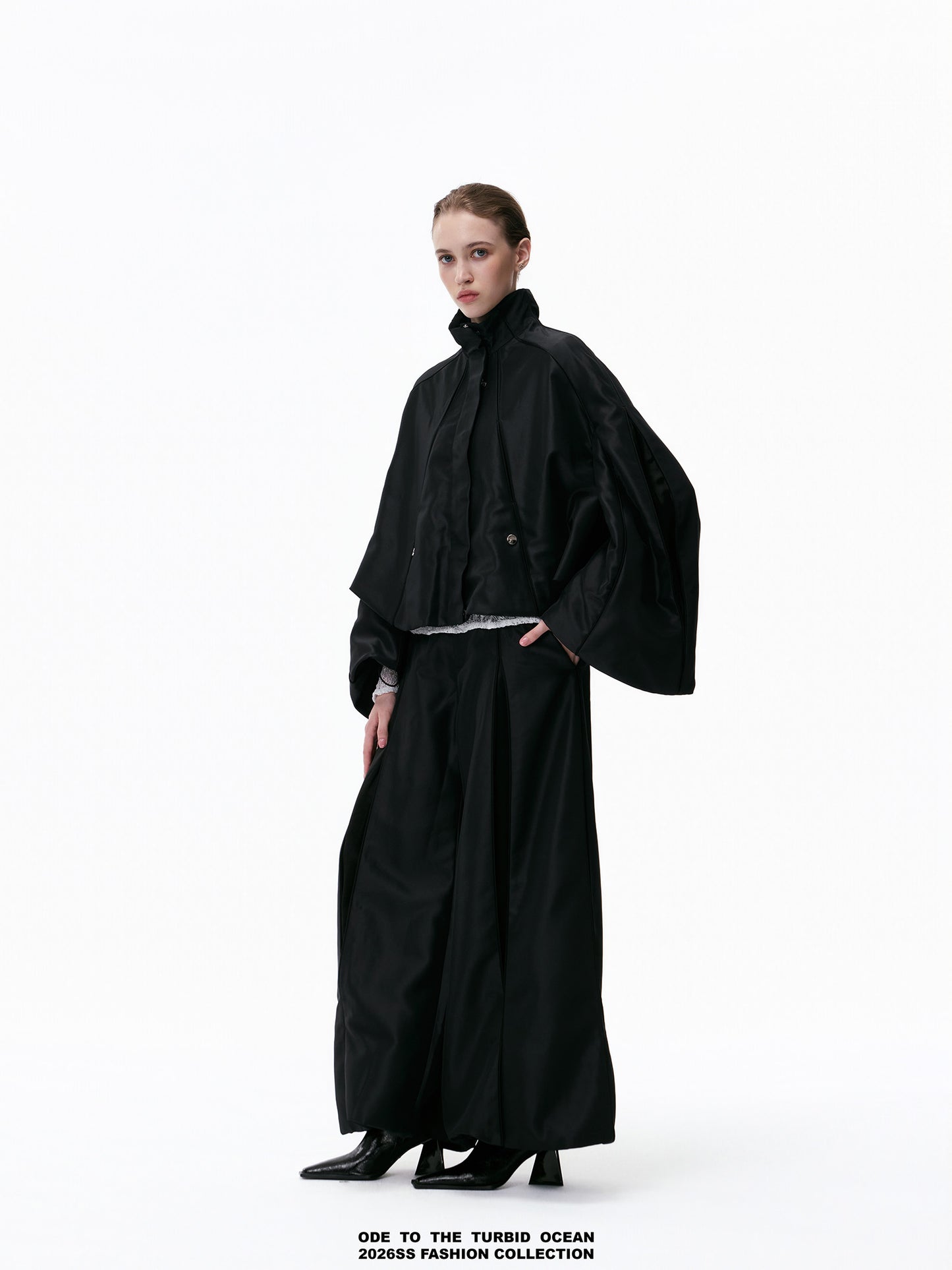ODE TO THE TURBID OCEAN Cotton & Acetate Satin Pleated Spliced Wide-Leg Pants with Full Lining