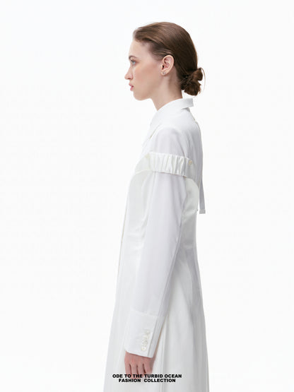 Luxury Pure White Wool Irregular Pleated Shirt Dress