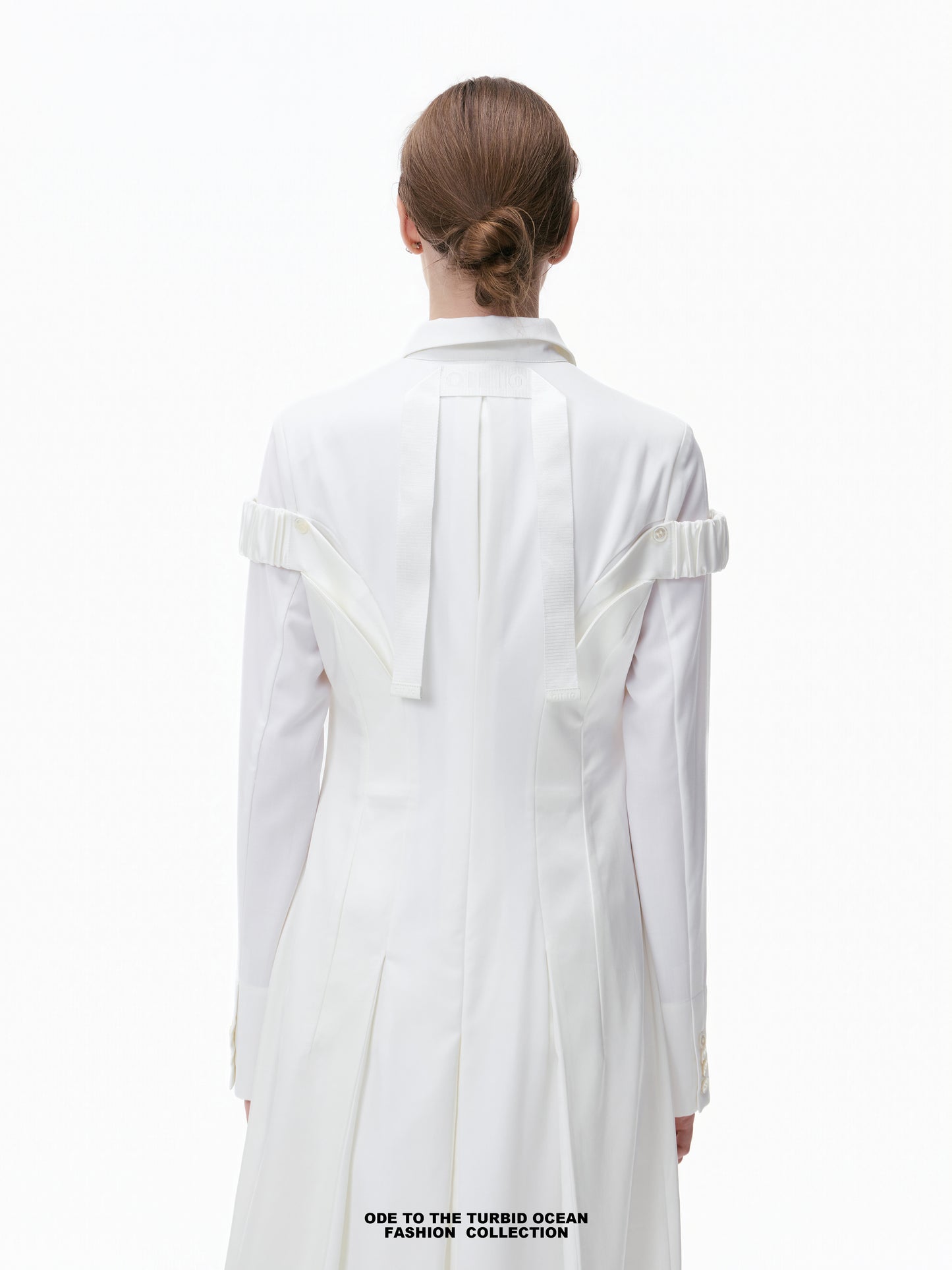 Luxury Pure White Wool Irregular Pleated Shirt Dress
