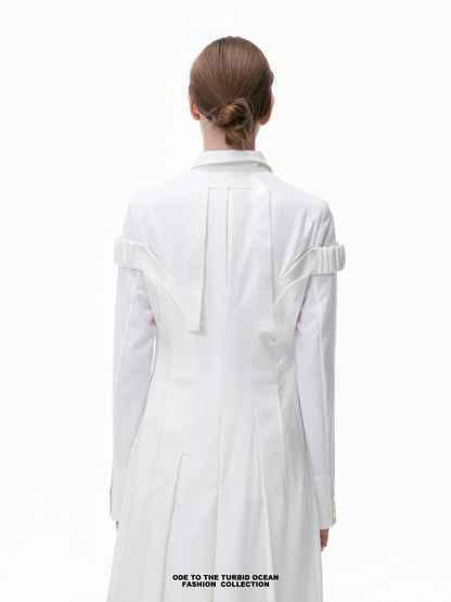 Luxury Pure White Wool Irregular Pleated Shirt Dress
