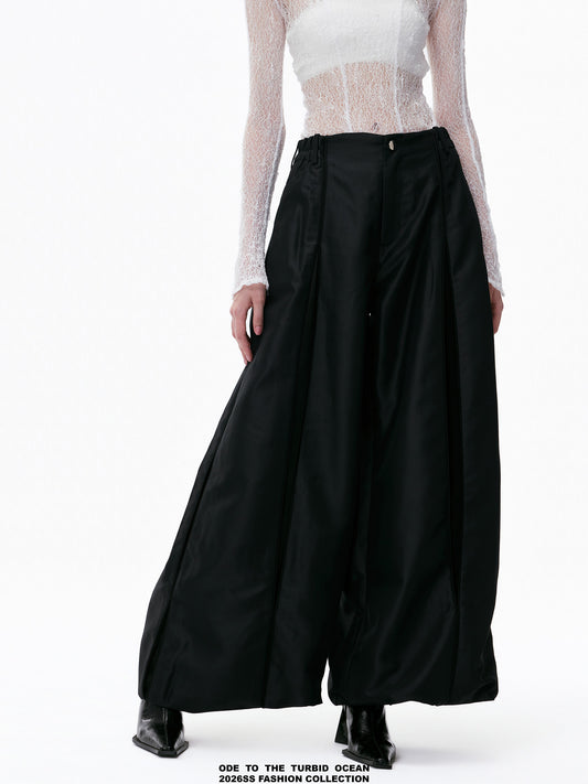 ODE TO THE TURBID OCEAN Cotton & Acetate Satin Pleated Spliced Wide-Leg Pants with Full Lining