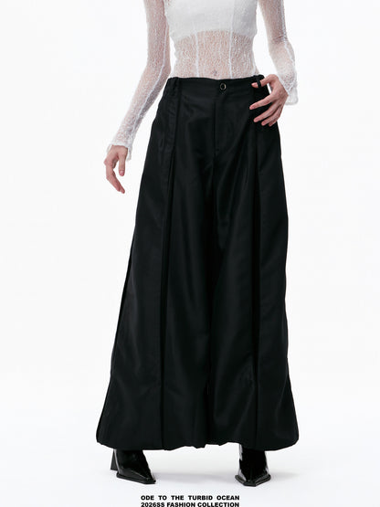 ODE TO THE TURBID OCEAN Cotton & Acetate Satin Pleated Spliced Wide-Leg Pants with Full Lining