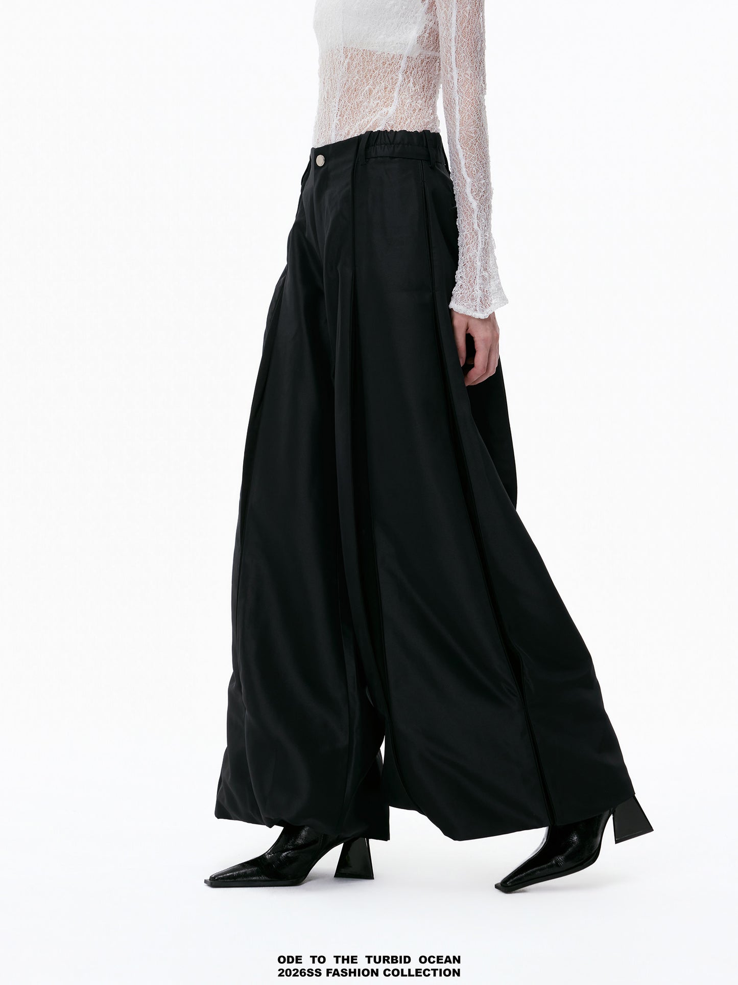 ODE TO THE TURBID OCEAN Cotton & Acetate Satin Pleated Spliced Wide-Leg Pants with Full Lining
