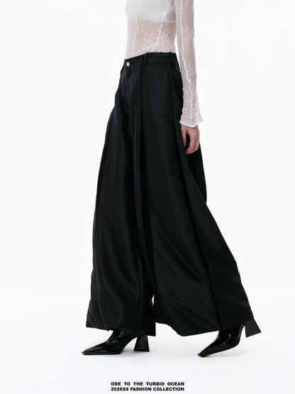 ODE TO THE TURBID OCEAN Cotton & Acetate Satin Pleated Spliced Wide-Leg Pants with Full Lining