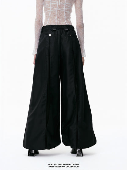 ODE TO THE TURBID OCEAN Cotton & Acetate Satin Pleated Spliced Wide-Leg Pants with Full Lining