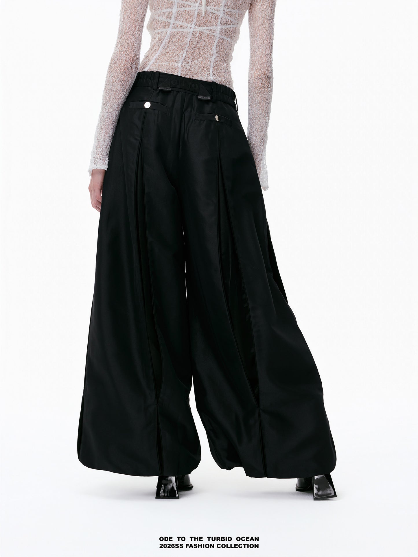 ODE TO THE TURBID OCEAN Cotton & Acetate Satin Pleated Spliced Wide-Leg Pants with Full Lining