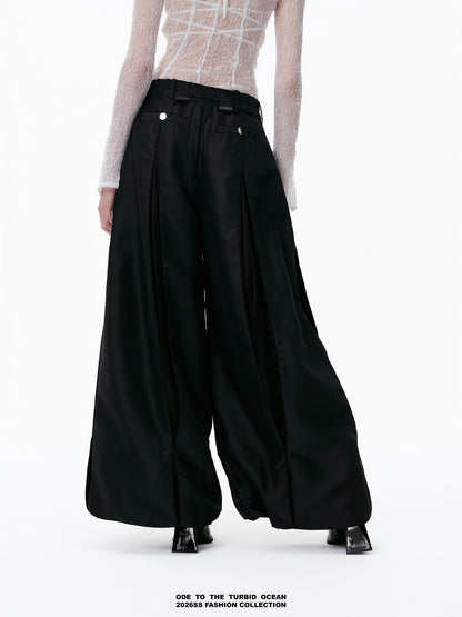 ODE TO THE TURBID OCEAN Cotton & Acetate Satin Pleated Spliced Wide-Leg Pants with Full Lining