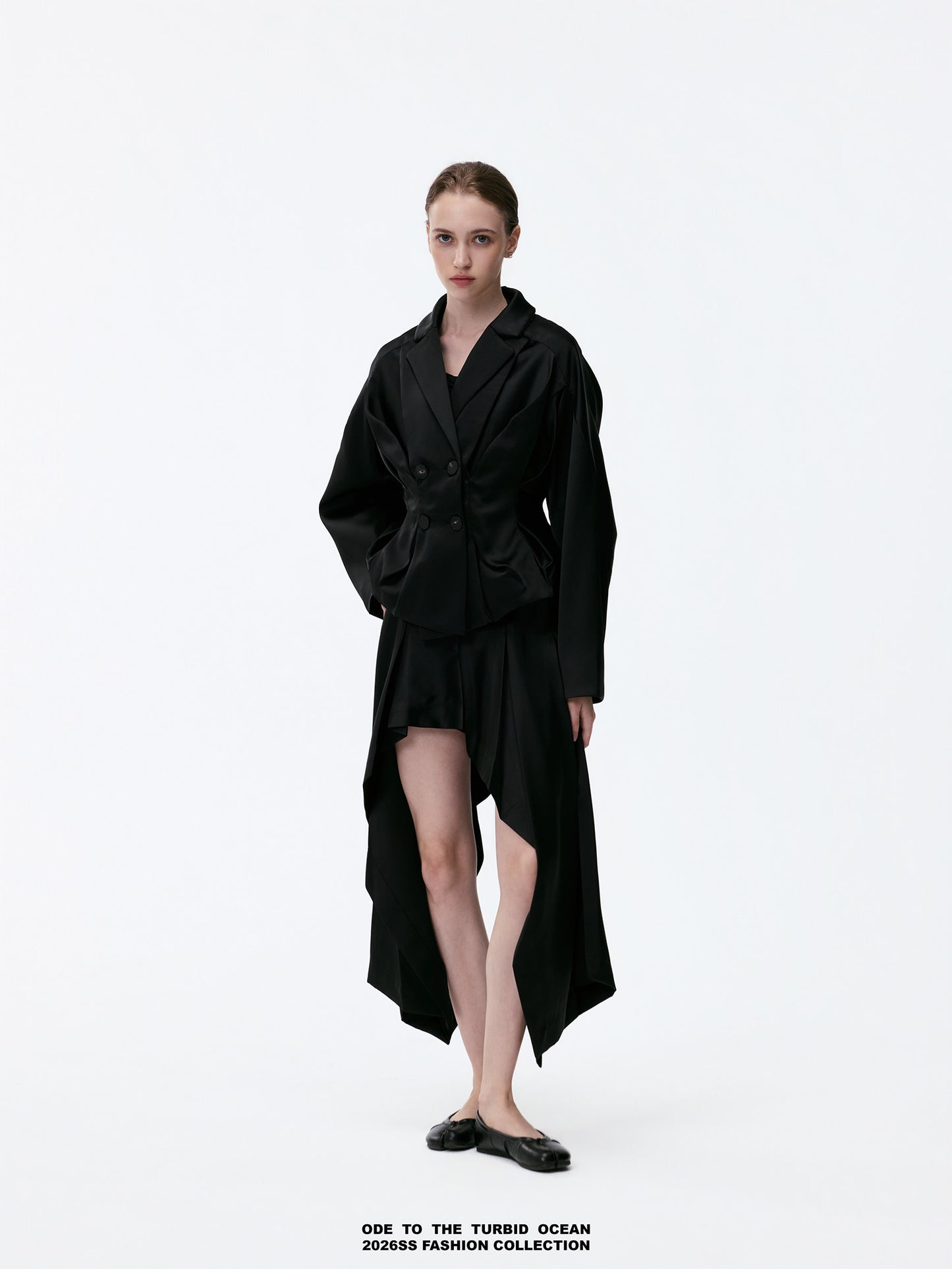 ODE TO THE TURBID OCEAN Textured Ruffled Black Glossy 3D Cropped Jacket
