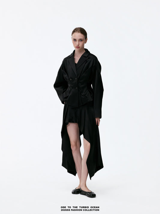 ODE TO THE TURBID OCEAN Textured Ruffled Black Glossy 3D Cropped Jacket