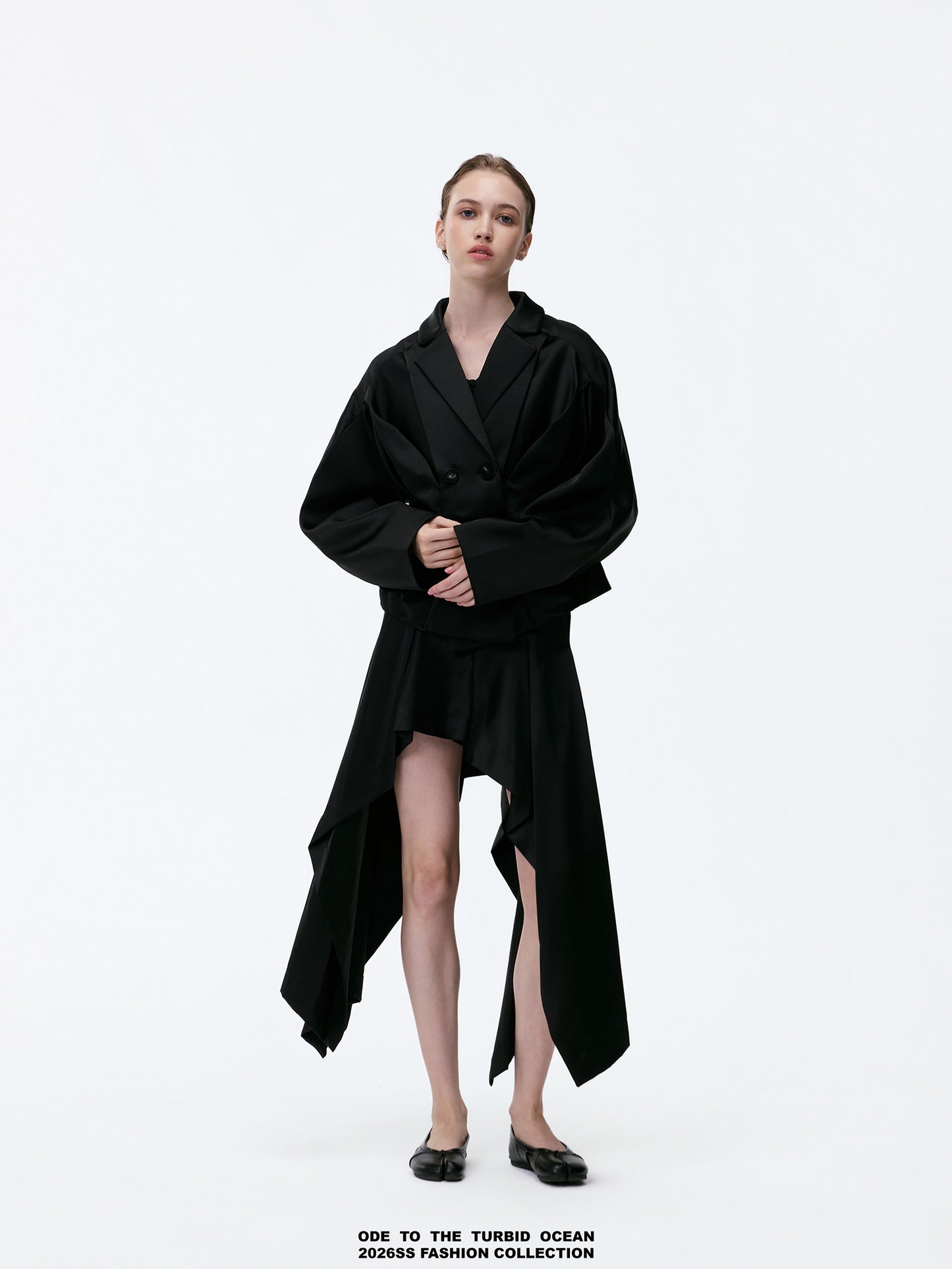 ODE TO THE TURBID OCEAN Minimalist Irregular A-line Skirt, Black 3D Stereo Design