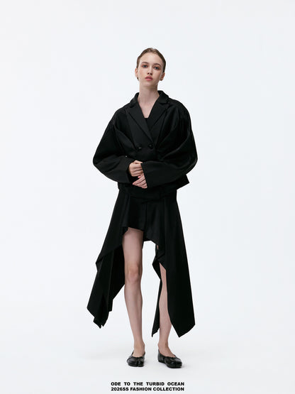 ODE TO THE TURBID OCEAN Minimalist Irregular A-line Skirt, Black 3D Stereo Design