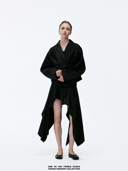 ODE TO THE TURBID OCEAN Textured Ruffled Black Glossy 3D Cropped Jacket