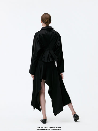 ODE TO THE TURBID OCEAN Minimalist Irregular A-line Skirt, Black 3D Stereo Design