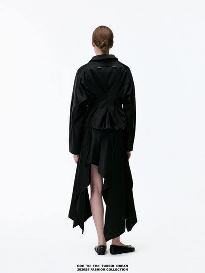 ODE TO THE TURBID OCEAN Minimalist Irregular A-line Skirt, Black 3D Stereo Design