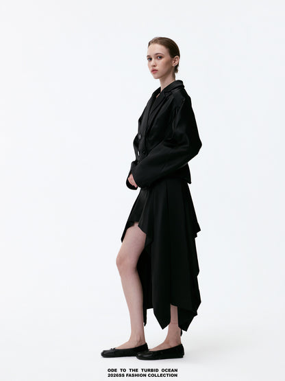 ODE TO THE TURBID OCEAN Minimalist Irregular A-line Skirt, Black 3D Stereo Design