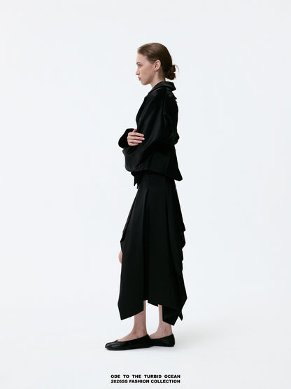 ODE TO THE TURBID OCEAN Minimalist Irregular A-line Skirt, Black 3D Stereo Design