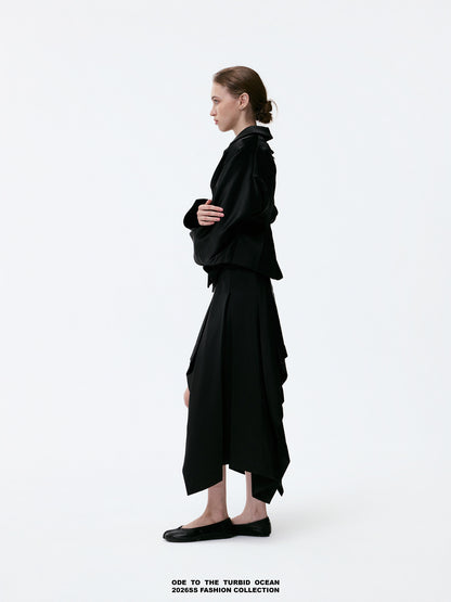 ODE TO THE TURBID OCEAN Textured Ruffled Black Glossy 3D Cropped Jacket