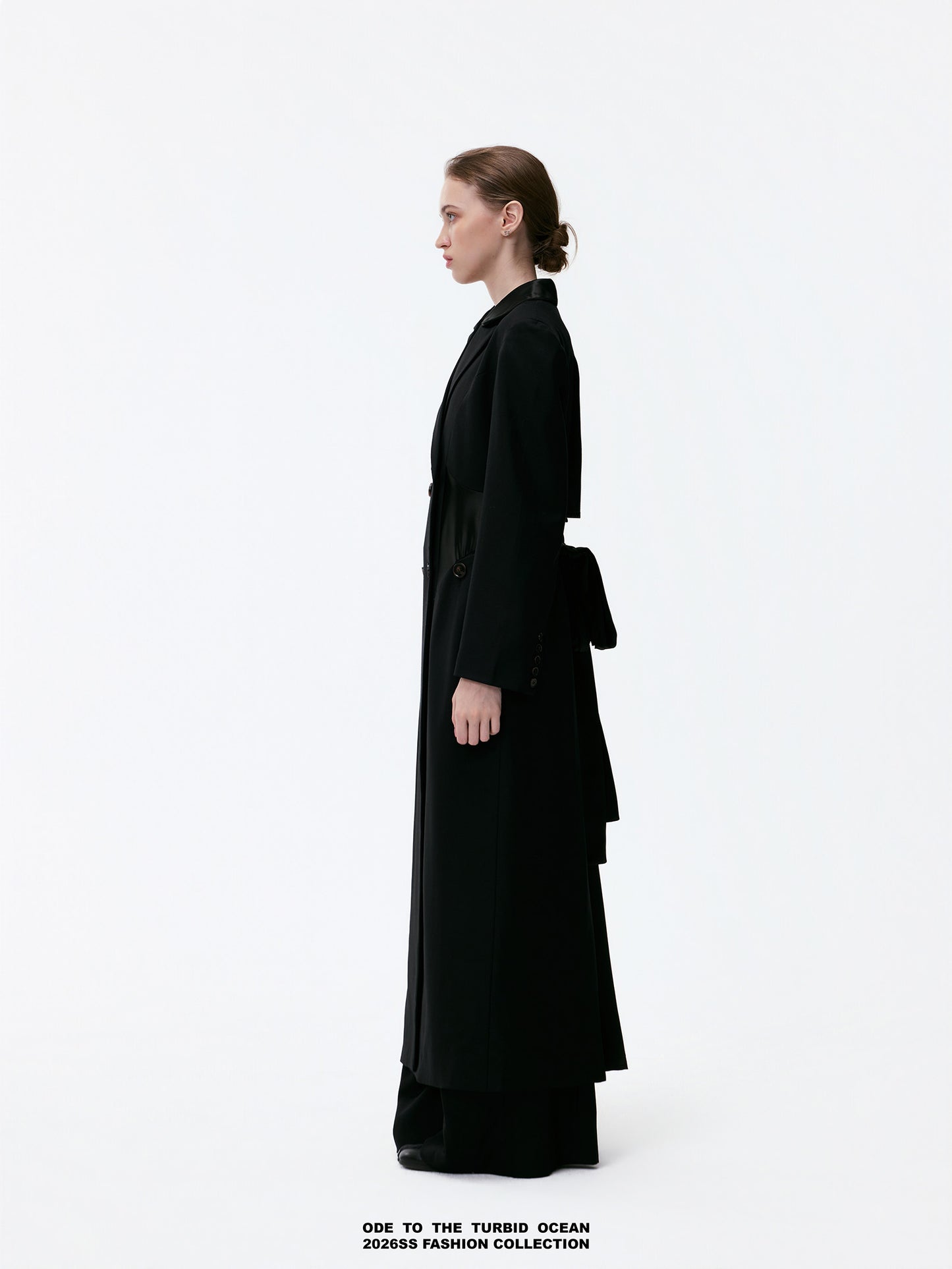 ODE TO THE TURBID OCEAN Extra Long Waist Cinched Blazer Coat, Padded Shoulder Long Coat for Tall Women